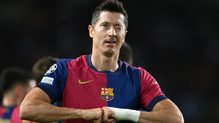 Robert Lewandowski of FC Barcelona celebrates scoring his team's first goal during the UEFA Champions League 2024/25 League Phase MD2 match between FC Barcelona and BSC Young Boys at Estadi Olimpic Lluis Companys on October 01, 2024 in Barcelona, Spain. 
