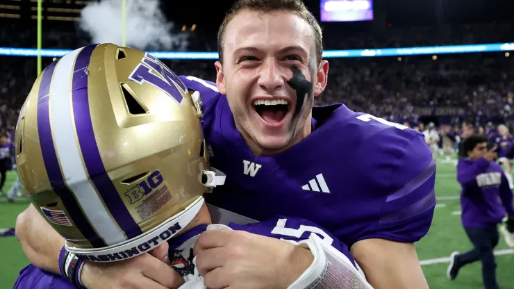 Will Rogers #7 of the Washington Huskies celebrates after beating Michigan Wolverines at Husky Stadium on October 05, 2024 in Seattle, Washington.
