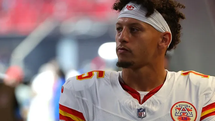 Patrick Mahomes #15 of the Kansas City Chiefs walks off the field after warmups prior to the game against the Atlanta Falcons at Mercedes-Benz Stadium on September 22, 2024 in Atlanta, Georgia.
