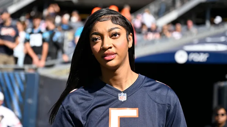 Angel Reese of the Chicago Sky looks on before the game between the Carolina Panthers and the Chicago Bears
