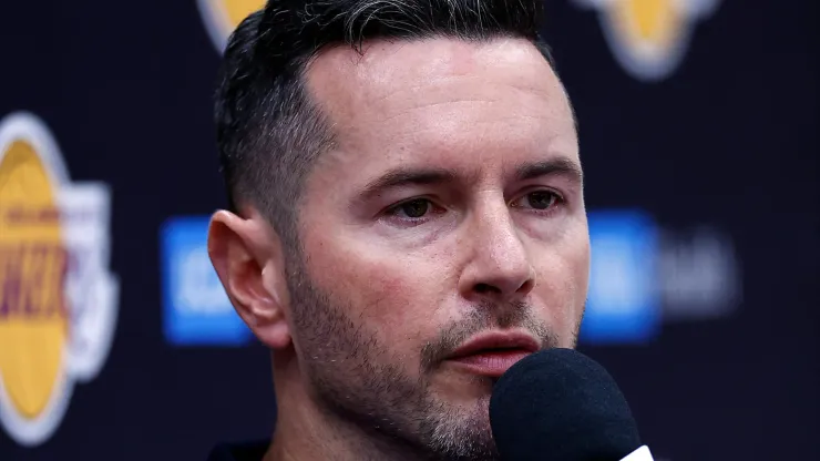 Head coach JJ Redick of the Los Angeles Lakers speaks with the media during a press conference
