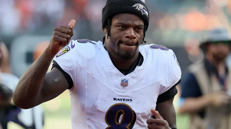 Lamar Jackson #8 of the Baltimore Ravens reacts after defeating the Cincinnati Bengals in overtime at Paycor Stadium on October 06, 2024 in Cincinnati, Ohio.
