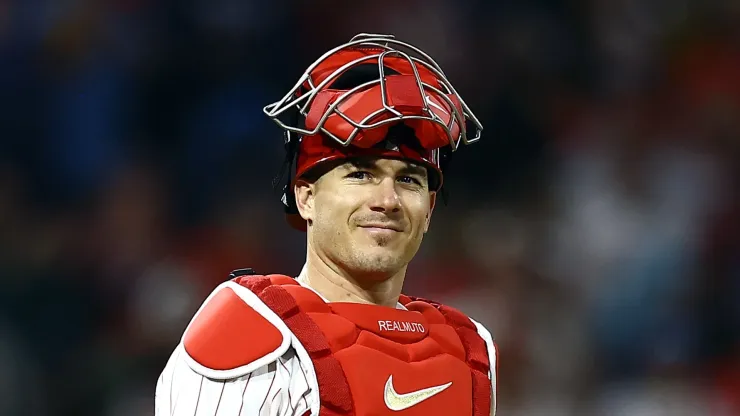 J.T. Realmuto #10 of the Philadelphia Phillies looks on after defeating the Chicago Cubs at Citizens Bank Park on September 25, 2024 in Philadelphia, Pennsylvania.
