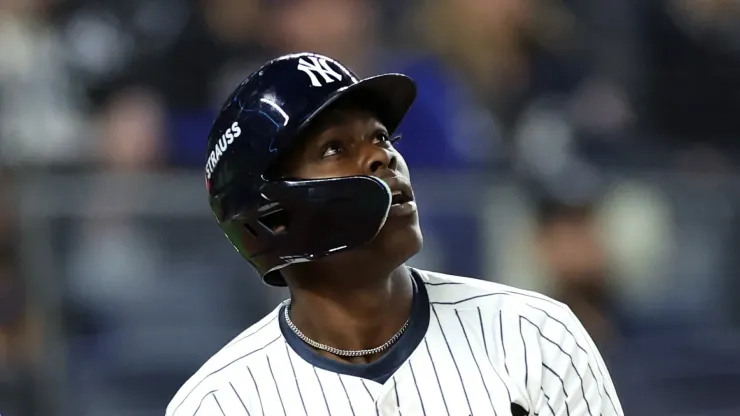 Jazz Chisholm Jr. #13 of the New York Yankees watches his solo home run in the ninth inning against the Kansas City Royals during Game Two of the Division Series at Yankee Stadium on October 07, 2024 in New York City. 
