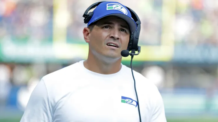 Head coach Mike Macdonald of the Seattle Seahawks looks on during halftime against the Denver Broncos at Lumen Field on September 08, 2024 in Seattle, Washington.
