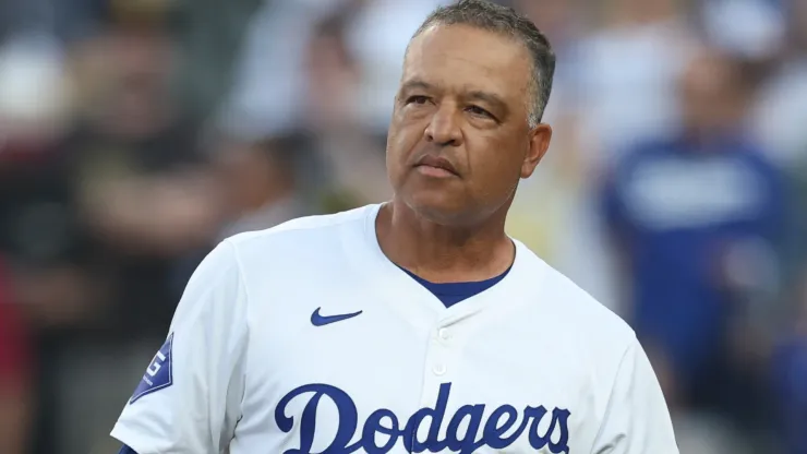 Dave Roberts #30 of the Los Angeles Dodgers looks on prior to game against the San Diego Padres in Game One of the Division Series at Dodger Stadium.
