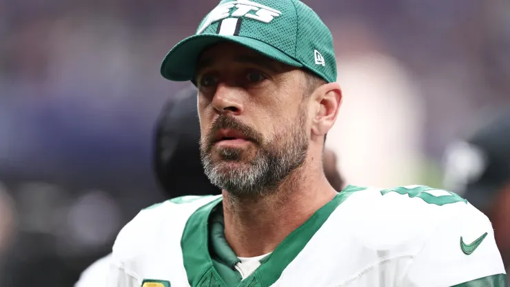 Aaron Rodgers of New York Jets looks on during the NFL match between New York Jets and Minnesota Vikings at Tottenham Hotspur Stadium on October 06, 2024 in London, England.
