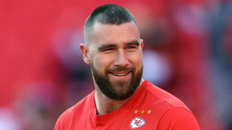 Tight end Travis Kelce #87 of the Kansas City Chiefs warms up prior to the game between the Buffalo Bills and the Kansas City Chiefs at GEHA Field at Arrowhead Stadium on December 10, 2023 in Kansas City, Missouri.
