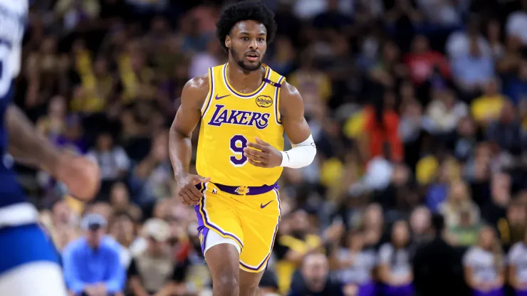 Bronny James #9 of the Los Angeles Lakers looks onduring the first half of a game against the Minnesota Timberwolves
