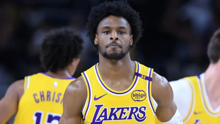 Bronny James #9 of the Los Angeles Lakers looks onduring the first half of a game against the Minnesota Timberwolves at Acrisure Arena on October 04, 2024 in Palm Springs, California. 
