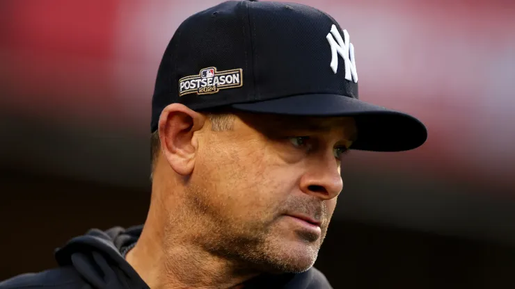 Aaron Boone #17 of the New York Yankees looks on during a workout prior to the 2024 ALDS at Yankee Stadium on October 01, 2024 in the Bronx borough of New York City. 
