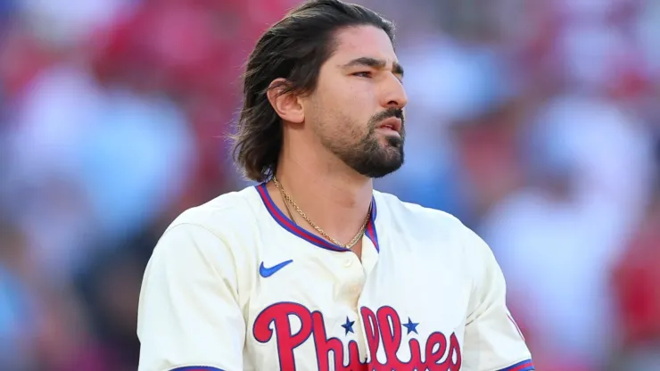 Nick Castellanos #8 of the Philadelphia Phillies reacts after striking out during the first inning against the New York Mets in Game Two of the Division Series at Citizens Bank Park on October 06, 2024 in Philadelphia, Pennsylvania. 
