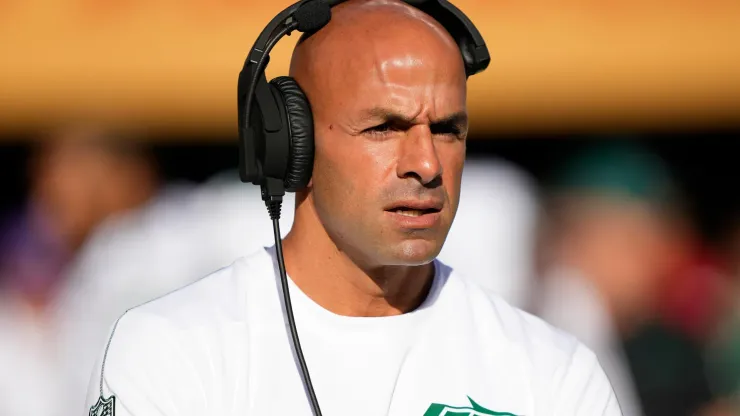  Robert Saleh, head coach of the New York Jets, looks on before playing the San Francisco 49ers at Levi's Stadium on September 09, 2024 in Santa Clara, California.
