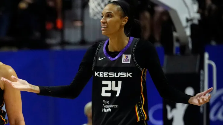 Veronica Burton #22, Brionna Jones #42 and DeWanna Bonner #24 of the Connecticut Sun react during the second half of Game Three of the WNBA playoff semifinals against the Minnesota Lynx at Mohegan Sun Arena on October 4, 2024 in Uncasville, Connecticut. The Lynx defeated the Sun 90-81.
