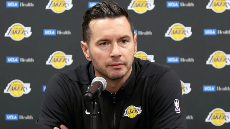 Head coach JJ Redick of the Los Angeles Lakers speaks with media prior to the game against the Phoenix Suns at Acrisure Arena on October 06, 2024 in Palm Springs, California. 
