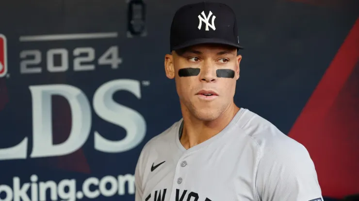 Aaron Judge #99 of the New York Yankees looks on prior to Game Three of the Division Series against the Kansas City Royals at Kauffman Stadium on October 09, 2024 in Kansas City, Missouri.
