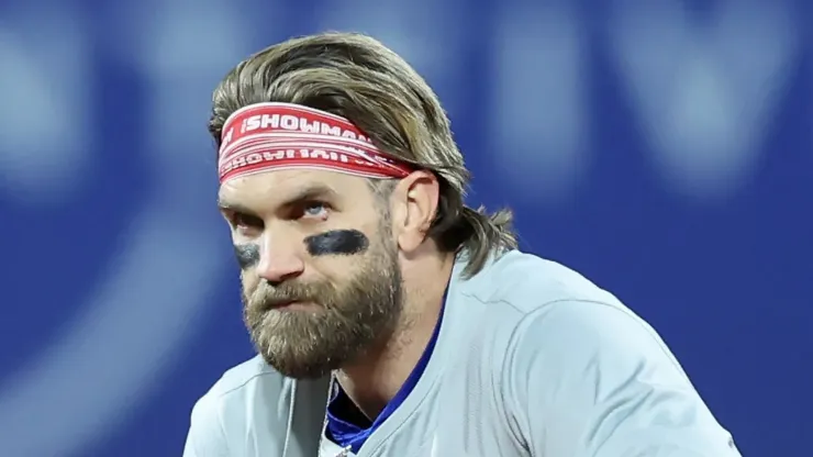 Bryce Harper #3 of the Philadelphia Phillies looks on from second base in the sixth inning against the New York Mets during Game Four of the Division Series at Citi Field on October 09, 2024 in New York City.
