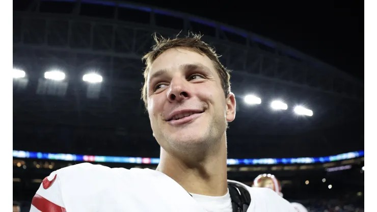 Brock Purdy #13 of the San Francisco 49ers reacts after defeating the Seattle Seahawks 36-24 at Lumen Field on October 10, 2024 in Seattle, Washington.
