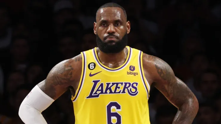 LeBron James #6 of the Los Angeles Lakers reacts to a foul during the first quarter against the Denver Nuggets in game four of the Western Conference Finals at Crypto.com Arena on May 22, 2023 in Los Angeles, California. 
