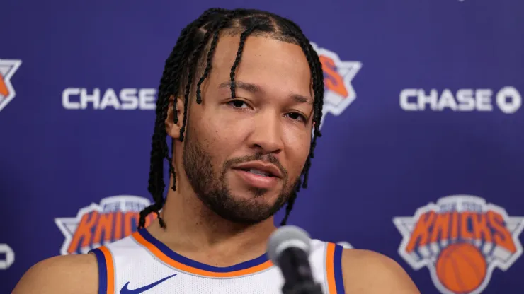 Jalen Brunson #11 of the New York Knicks speaks at a press conference during media day
