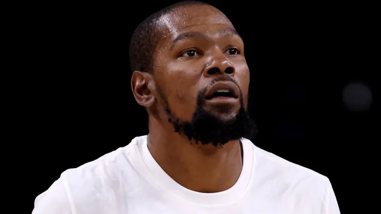 Kevin Durant #35 of the Phoenix Suns looks on prior to the game against the Los Angeles Lakers at Acrisure Arena on October 06, 2024 in Palm Springs, California.
