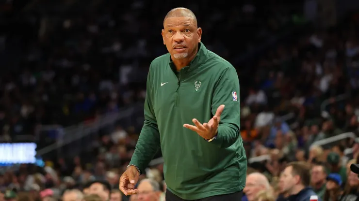 Head coach Doc Rivers of the Milwaukee Bucks reacts to an officials call during the first half of a preseason game against the Los Angeles Lakers at Fiserv Forum on October 10, 2024 in Milwaukee, Wisconsin. 
