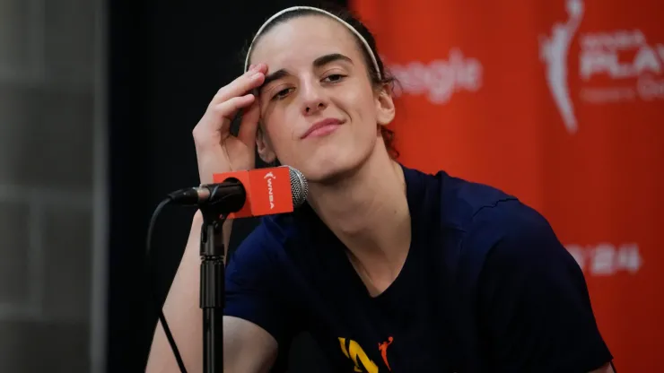 Caitlin Clark #22 of the Indiana Fever looks on during a press conference after losing 81-87 to the Connecticut Sun in Game Two of the 2024 WNBA Playoffs first round at Mohegan Sun Arena on September 25, 2024 in Uncasville, Connecticut.
