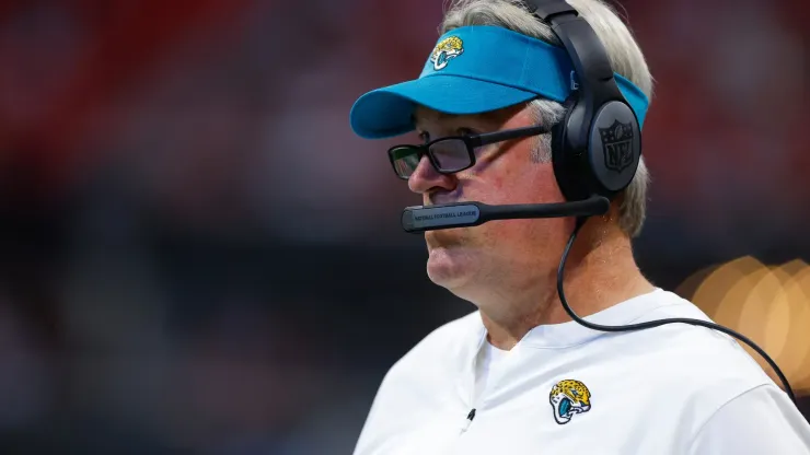 Head coach Doug Pederson of the Jacksonville Jaguars looks on during the first half of the preseason game against the Atlanta Falcons at Mercedes-Benz Stadium on August 27, 2022 in Atlanta, Georgia.
