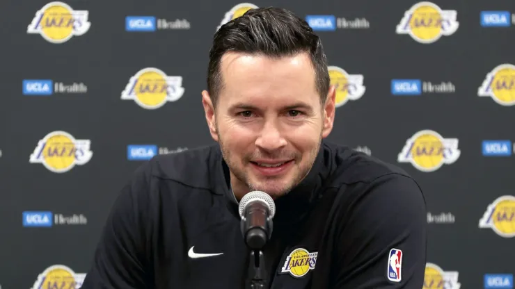  Head coach JJ Redick of the Los Angeles Lakers speaks with media prior to the game against the Phoenix Suns at Acrisure Arena on October 06, 2024 in Palm Springs, California. 
