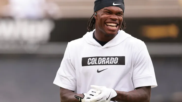 Travis Hunter #12 of the Colorado Buffaloes reacts while warming up prior to the game against the North Dakota State Bison at Folsom Field on August 29, 2024 in Boulder, Colorado.
