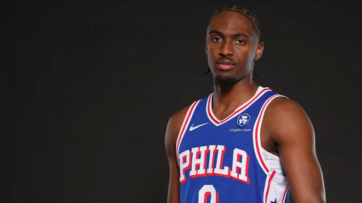 Tyrese Maxey #0 of the Philadelphia 76ers poses for a picture at media day
