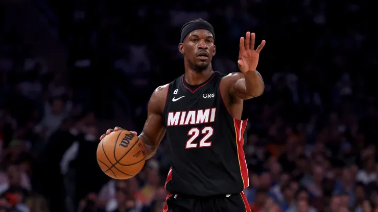 Jimmy Butler #22 of the Miami Heat reacts against the New York Knicks during the first half in game five of the Eastern Conference Semifinals in the 2023 NBA Playoffs at Madison Square Garden on May 10, 2023 in New York City.
