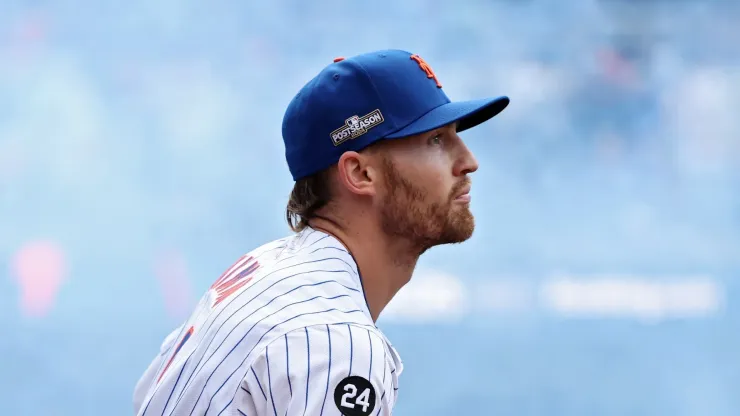 Brandon Nimmo #9 of the New York Mets takes the field before Game Four of the Division Series against the Philadelphia Phillies at Citi Field on October 09, 2024 in New York City.
