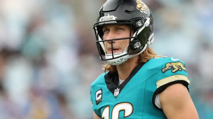 Quarterback Trevor Lawrence #16 of the Jacksonville Jaguars looks on during the first half against the Indianapolis Colts at EverBank Stadium on October 06, 2024 in Jacksonville, Florida.
