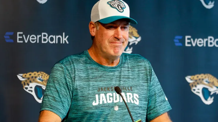 Jacksonville Jaguars head coach Doug Pederson addresses the media before a joint practice between the Tampa Bay Buccaneers and the Jacksonville Jaguars on August 15, 2024 at the Miller Electric Center in Jacksonville, Fl.
