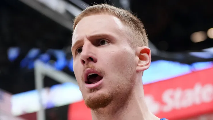 Donte DiVincenzo #0 of the New York Knicks reacts during the second quarter against the Indiana Pacers in Game Six of the Eastern Conference Second Round Playoffs at Gainbridge Fieldhouse on May 17, 2024 in Indianapolis, Indiana.
