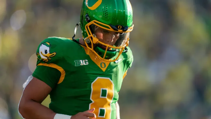 Quarterback Dillon Gabriel #8 of the Oregon Ducks walks off the field after an incomplete pass during the third quarter of the game against the Idaho Vandals at Autzen Stadium on August 31, 2024 in Eugene, Oregon.
