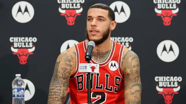 Lonzo Ball #2 of the Chicago Bulls answers questions from reporters during Media Day at Advocate Center on October 02, 2023 in Chicago, Illinois.
