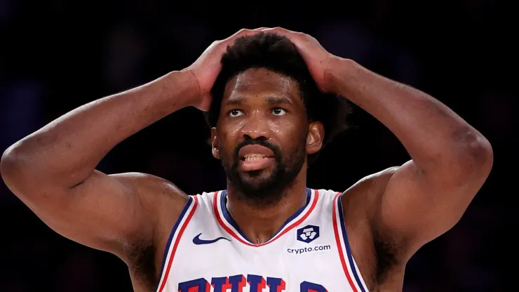 Joel Embiid #21 of the Philadelphia 76ers reacts after he turned the ball over to the New York Knicks during the second half at Madison Square Garden on April 30, 2024 in New York City. The Philadelphia 76ers defeated the New York Knicks 112-106 in overtime.
