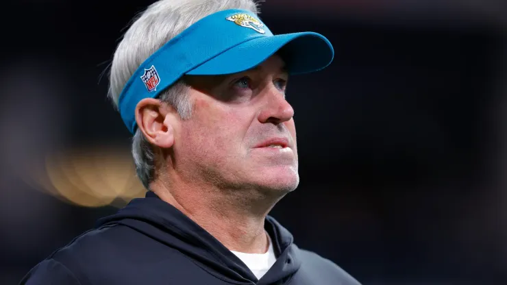 Head coach Doug Pederson of the Jacksonville Jaguars looks on prior to an NFL preseason game against the Atlanta Falcons at Mercedes-Benz Stadium on August 23, 2024 in Atlanta, Georgia.
