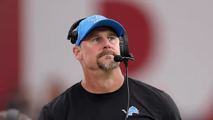 Head coach Dan Campbell of the Detroit Lions looks on against the Arizona Cardinals during the third quarter at State Farm Stadium on September 22, 2024 in Glendale, Arizona.
