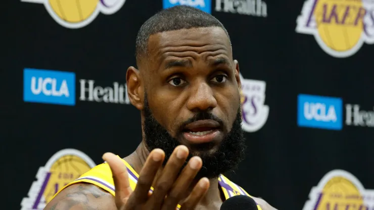 LeBron James #23 of the Los Angeles Lakers speaks during a Los Angeles Lakers media day at UCLA Health Training Center on September 30, 2024 in El Segundo, California. 
