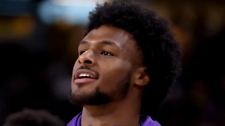 Bronny James #9 of the Los Angeles Lakers looks on during warm ups prior to the game against the Phoenix Suns at Acrisure Arena on October 06, 2024 in Palm Springs, California. 
