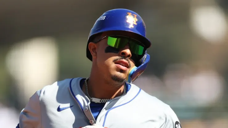 Mark Vientos #27 of the New York Mets runs the bases after hitting a grand-slam home run to take a 6-0 lead against the Los Angeles Dodgers in the second inning during Game Two of the Championship Series at Dodger Stadium on October 14, 2024 in Los Angeles, California. 
