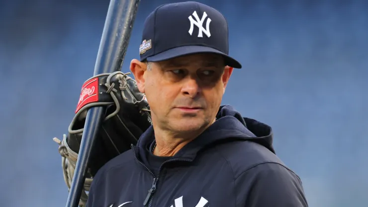 Manager Aaron Boone of the New York Yankees looks on during warm ups before playing the Cleveland Guardians in Game One of the Championship Series at Yankee Stadium on October 14, 2024 in New York City. 
