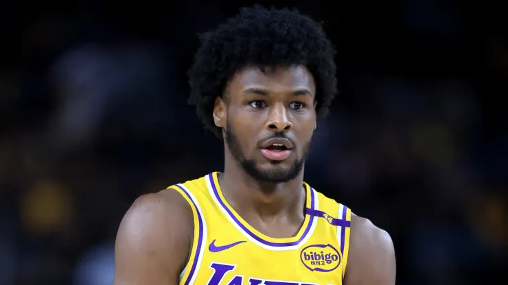 Bronny James #9 of the Los Angeles Lakers looks onduring the first half of a game against the Minnesota Timberwolves
