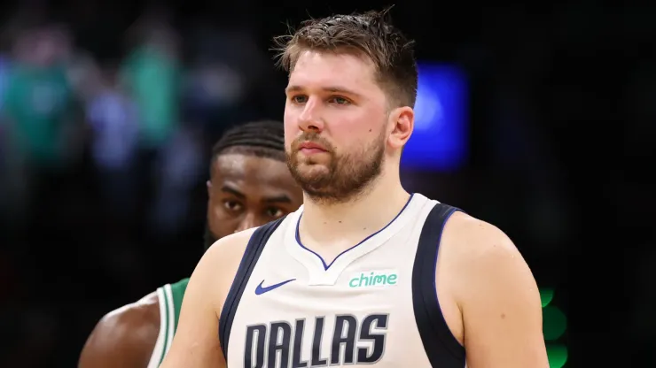 Luka Doncic #77 of the Dallas Mavericks looks on during the fourth quarter of Game Five of the 2024 NBA Finals against the Boston Celtics at TD Garden.
