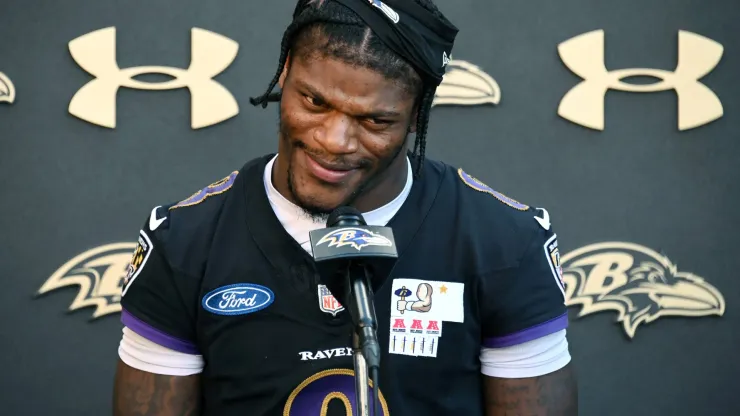 Baltimore Ravens quarterback Lamar Jackson takes questions after practice at the Under Armour Performance Center on Wednesday, Oct. 9, 2024, in Owings Mills, Maryland.
