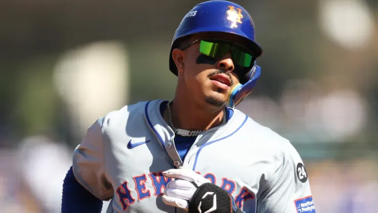 Mark Vientos #27 of the New York Mets runs the bases after hitting a grand-slam home run to take a 6-0 lead against the Los Angeles Dodgers in the second inning during Game Two of the Championship Series at Dodger Stadium on October 14, 2024 in Los Angeles, California. 
