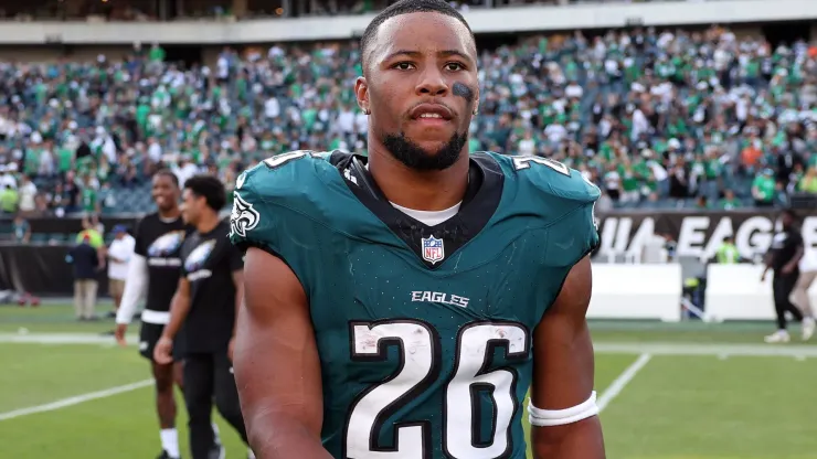 Saquon Barkley #26 of the Philadelphia Eagles looks on after their 20-16 win over the Cleveland Browns at Lincoln Financial Field on October 13, 2024 in Philadelphia, Pennsylvania.
